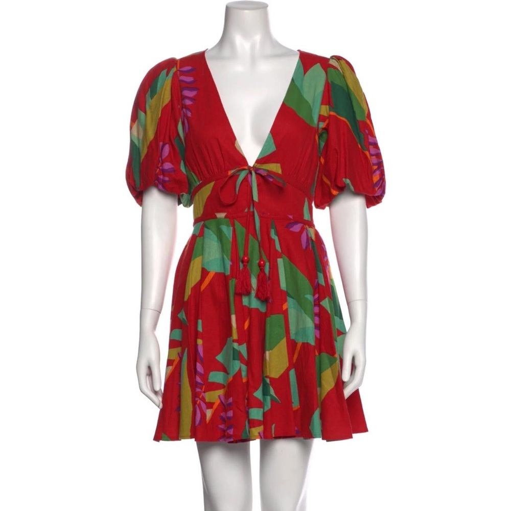 House of Harlow Red V-Neck Puff Sleeve Mini Dress